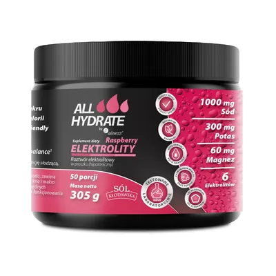 Aliness, ALLHydrate Elektrolity, smak Raspberry, 305 g