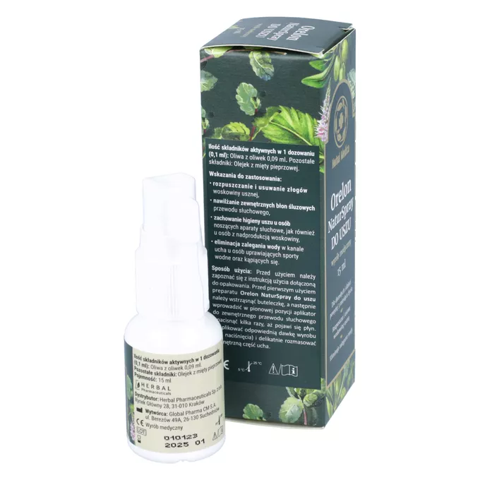 Herbal Medica - Orelon Naturspray, rozpuszczanie i usuwanie woskowiny usznej, 15 ml